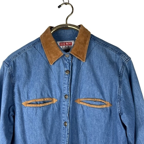 VINTAGE HGNY JEANS LEATHER TRIM DENIM BUTTON DOWN SHIRT - Picture 7 of 13